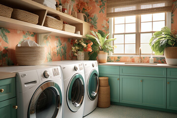 A laundry room showcasing colorful patterned wallpaper, vintage-inspired storage solutions, and an assortment of woven baskets. - obrazy, fototapety, plakaty