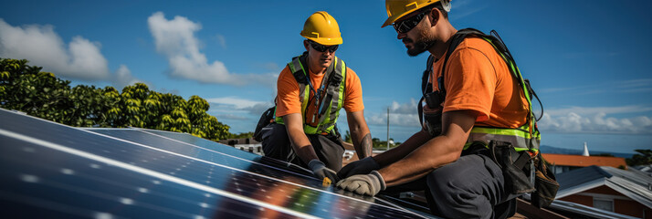 Workers install solar panels on the roof of the house banner, eco energy, green technologies, sustainable resources, banner - obrazy, fototapety, plakaty