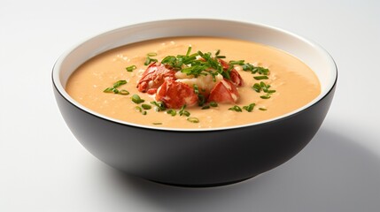 an appetizing photograph of a steaming bowl of creamy lobster bisque, garnished with chives, against a clean white backdrop