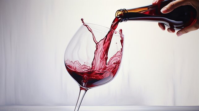 a visually stunning picture of a brimming glass of red wine being poured, capturing the wine's rich color and the play of light, on a white canvas