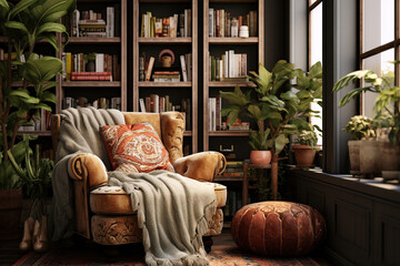 A bohemian reading nook with a bookshelf, a plush velvet armchair, and an assortment of patterned...