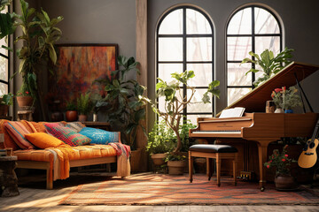 A bohemian music room featuring a vintage piano, floor cushions for seating, and a mix of global-inspired tapestries and artwork on the walls