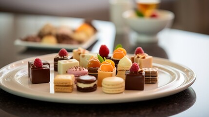 an elegant visual of a tiered tray of petit fours, showcasing an assortment of miniature desserts, with each detail beautifully defined on a white platter