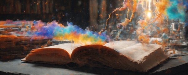 there is a book with a rainbow dust flying out of it