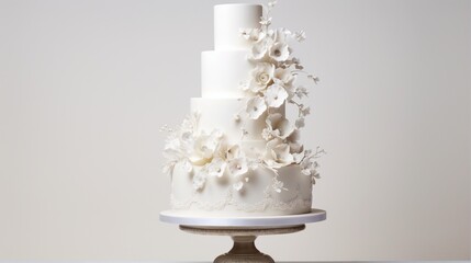 Naklejka premium an enticing image of a pristine white wedding cake, adorned with intricate fondant details and delicate sugar flowers, against a clean white backdrop