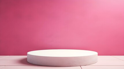 Round Stone Podium in front of a hot pink Studio Background. White Pedestal for Product Presentation