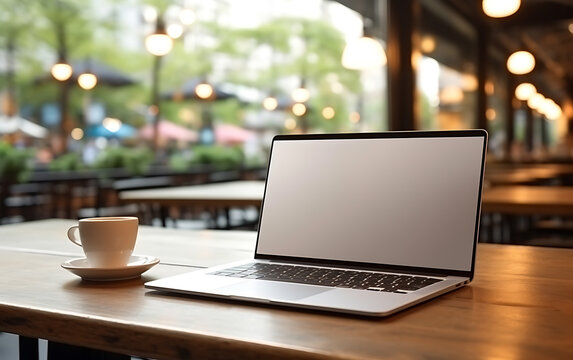 Laptop blank screen on table in cafe, remote work or freelancing concept