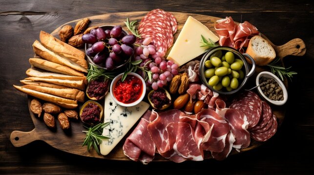 an enticing image of a gourmet charcuterie platter, featuring a selection of cured meats and artisanal accompaniments, on a white wooden board