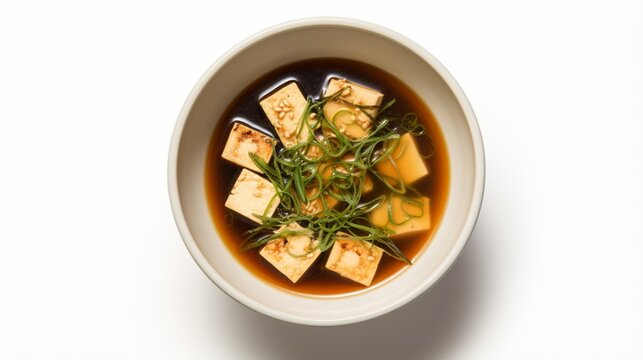 an enticing image of a brimming bowl of hot miso soup, garnished with seaweed and tofu, captured against a clean white backdrop