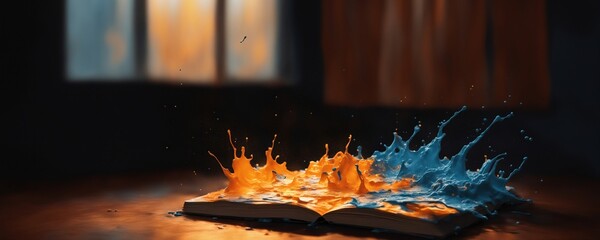 there is a book with a splash of orange and blue liquid on it
