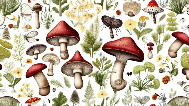 Sketch drawing of mushrooms. Generative AI