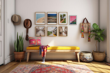 Warm and cozy bohemian interior, with a vintage wooden bench, a colorful Moroccan rug, a gallery wall of travel photographs, Mock up poster frame,