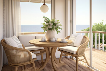 A breezy coastal dining nook, with a round wooden table, white wicker chairs, and nautical tableware