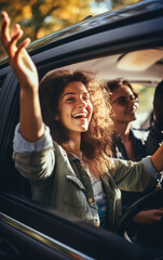 A group of girls friends travel together by car, laugh and have fun on vacation
