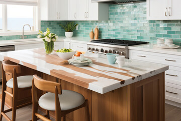 A coastal kitchen with white shaker cabinets, a sea glass tile backsplash, and a large island with bar stools made from reclaimed wood - obrazy, fototapety, plakaty
