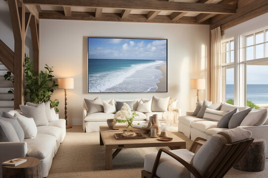 A coastal home theater with comfortable white slipcovered seating, a large screen surrounded by beach-themed artwork, and a ceiling with wooden beams - Powered by Adobe