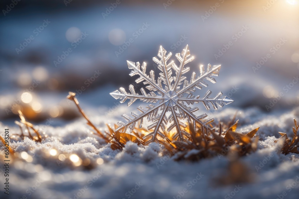 Poster beautiful macro photo of a snowflake winter. ai generative