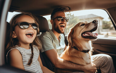 Father and daughter with pet dog driving together and having fun on vacation - obrazy, fototapety, plakaty