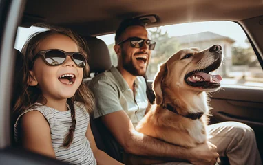 Foto op Plexiglas Father and daughter with pet dog driving together and having fun on vacation © perfectlab