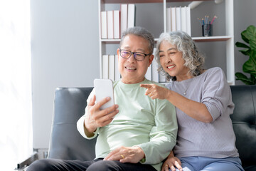 Happy Asian senior couple having a video call on the phone.