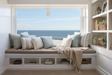 A coastal reading nook with a large bay window overlooking a sunlight beach scene, an array of nautical-themed throw pillows, and a driftwood side table.