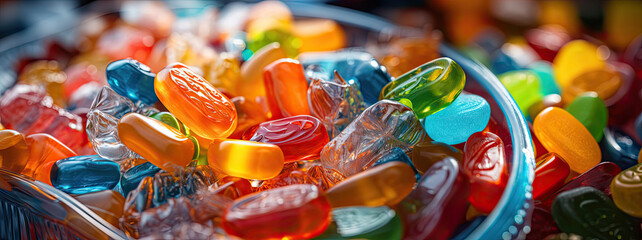 close up of colorful delicious candies, bowl filled with an abundance of gummy bears, candy background 
