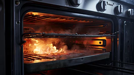 Keuken spatwand met foto fiery oven with a burnt meal inside, cooking fail, flame cooked, domestic danger prevention  © kiddsgn