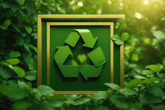 Green recycling icon framed symbol on foliage background. ai generative