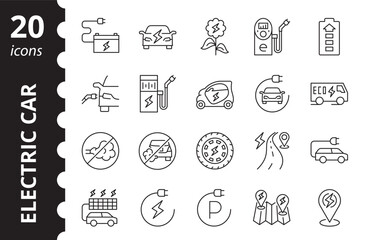 Set of Electric car Linear Icons. Contains such symbols as Car, Wheel, Battery, Solar battery, Charging station and more.