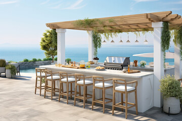 A coastal outdoor kitchen on a sea beach with a built-in grill, a wooden frame chair set, and a beautiful view of the blue sky