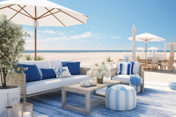 A coastal outdoor lounge area, with white and blue outdoor furniture, beach umbrellas, and a sandy beach area,  and cozy cotton blankets - obrazy, fototapety, plakaty