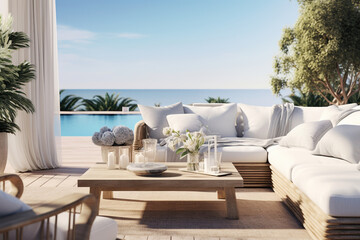 A coastal outdoor lounge, featuring white sofas, blue and white throw pillows, and a driftwood coffee table