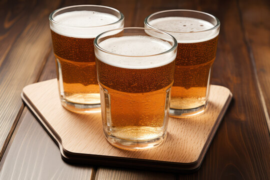 On Wooden Grounds: Beer Glasses Await, Inviting a Moment of Refreshing Enjoyment