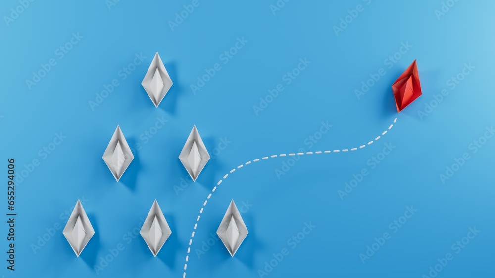 Poster think differently concept. red paper paper boat changing direction.3d rendering on blue background.