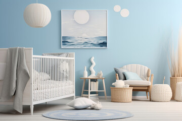 A coastal nursery indoors, featuring a white crib with soft blue accents, beach wall decals, soft...
