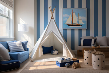 A coastal Kid's playroom, with a blue and white striped play tent, beachy toys, and nautical wall decals, Interior of a Fun Kindergarten Playground - obrazy, fototapety, plakaty