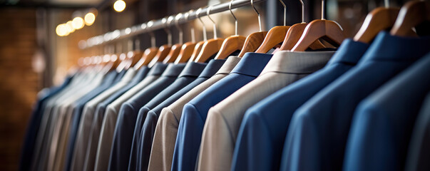 Men's suits on hangers in a store
