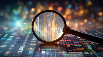 A magnifying glass on top of a spreadsheet representing finance with business graphs and charts. Generative AI