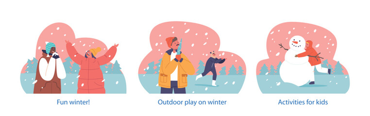 Isolated Elements with Children Eat Freshly Fallen Snowflakes with Happy Giggles. Kids Enjoying Outdoor Activities