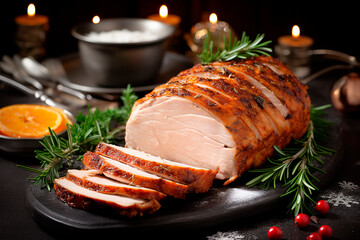 Christmas turkey ham roasted for festive dinner table. Meat dish, festive dinner. - obrazy, fototapety, plakaty