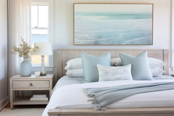 A serene coastal bedroom with a picture frame mockup, soft blue bedding, and abstract beach wall art. - obrazy, fototapety, plakaty