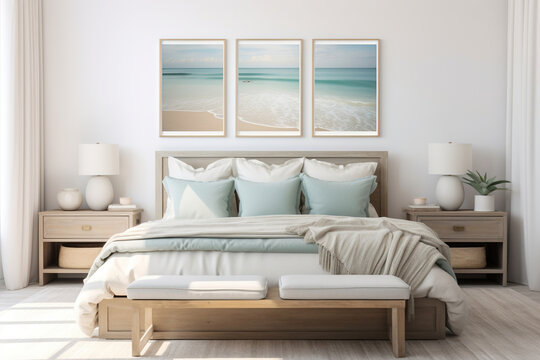 A serene coastal bedroom with a picture frame mockup, soft blue bedding, and abstract beach wall art.