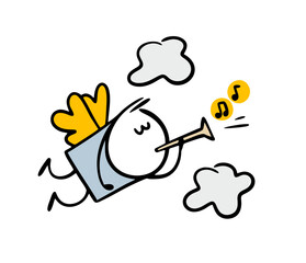Cartoon angel, cupid from paradise flies in the sky among the clouds and plays a pipe. Vector illustration of divine music, wind instrument concert.
