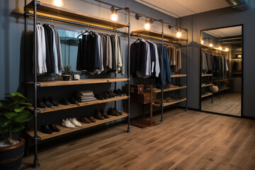 Industrial minimalist metal dark wooden walk-in wardrobe with clothes racks showcases a modern walk-in wooden wardrobe design