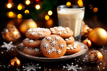 Homemade Christmas cookies on a plate and a glass of milk. Christmas dinner concept. - Powered by Adobe