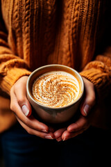 A young woman in a warm knitted sweater holds a cup of hot cocoa in her hands, close-up, top view. Autumn mood.
