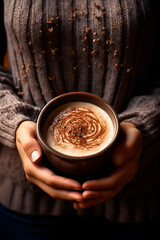 A young woman in a warm knitted sweater holds a cup of hot cocoa in her hands, close-up, top view. Autumn mood.