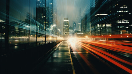Fototapeta na wymiar Night city highway with blurred traffic lights. AI