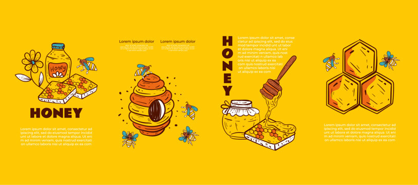 Honey bee poster flyer layout presentation brochure beekeeping honeycomb concept. Vector flat graphic design illustration