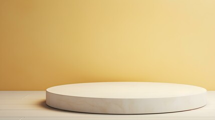 Round Stone Podium in front of a light yellow Studio Background. White Pedestal for Product Presentation